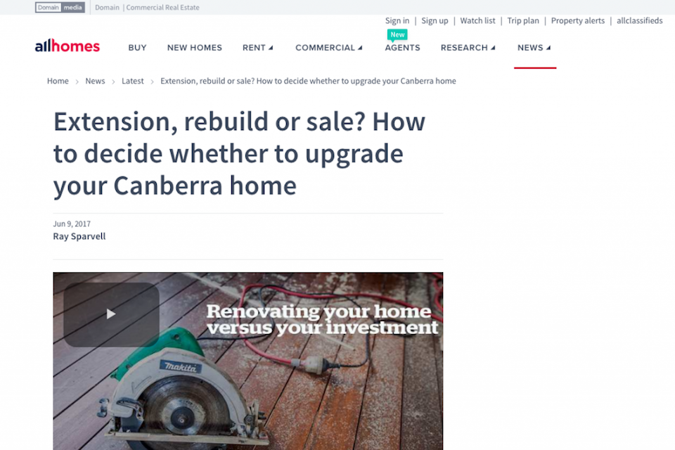 Allhomes Article – Extension, rebuild or sale? How to decide whether to upgrade your Canberra home